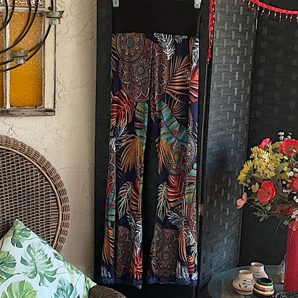 Bohemian Wide-Leg Pants with Leaf Print